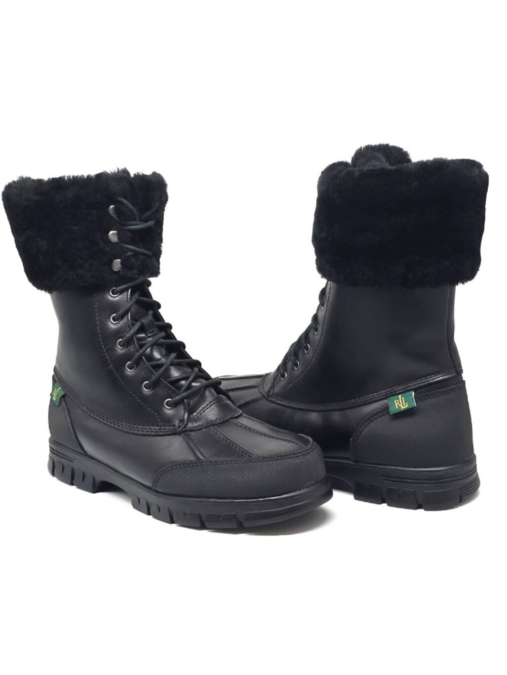 Lauren Ralph Lauren QUINTA Black Lace Up Boots Faux Fur Lining Women's Size 8B
